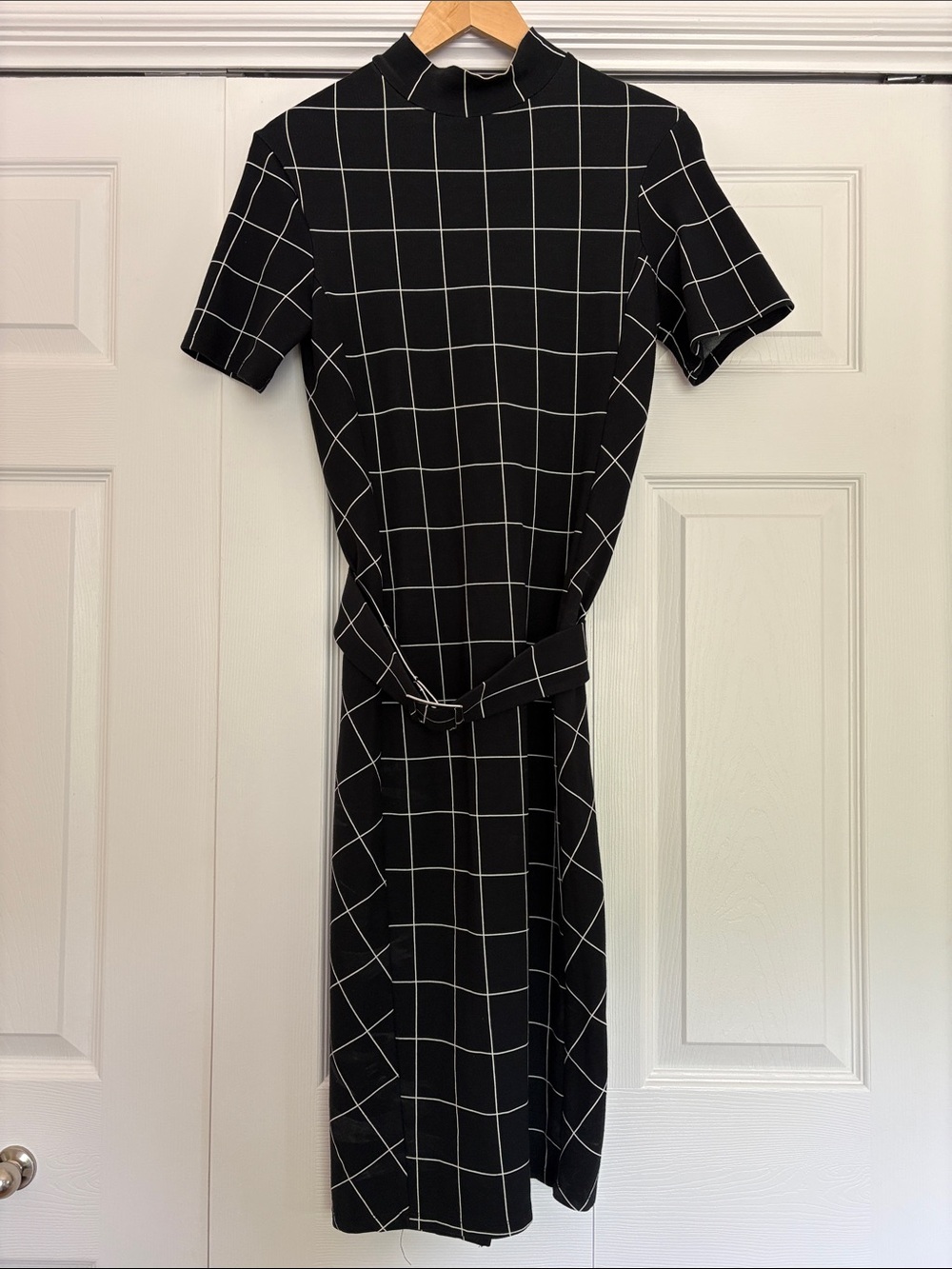 Zara Black Windowpane Midi Dress with Belt